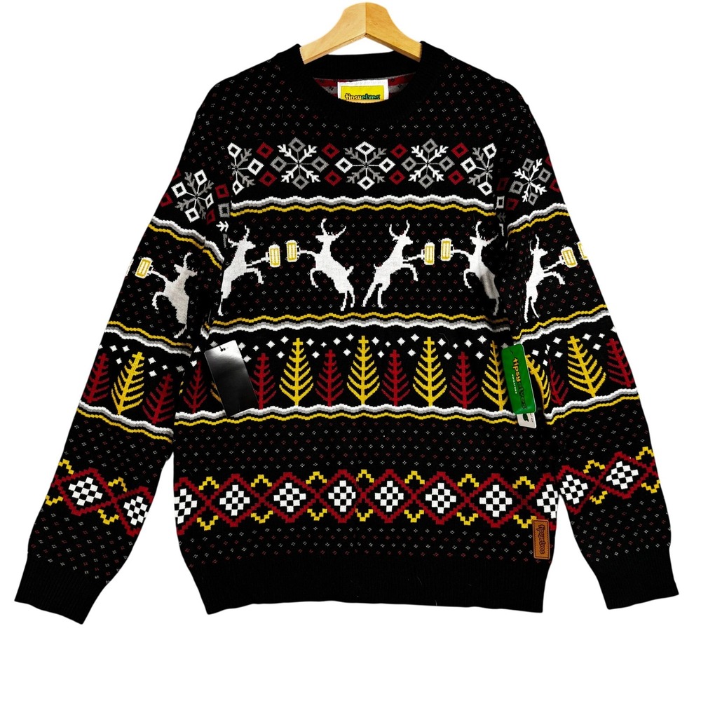 Tipsy Elves Mens Caribrew Ugly Christmas Sweater Black Reindeer Beer Size M NEW